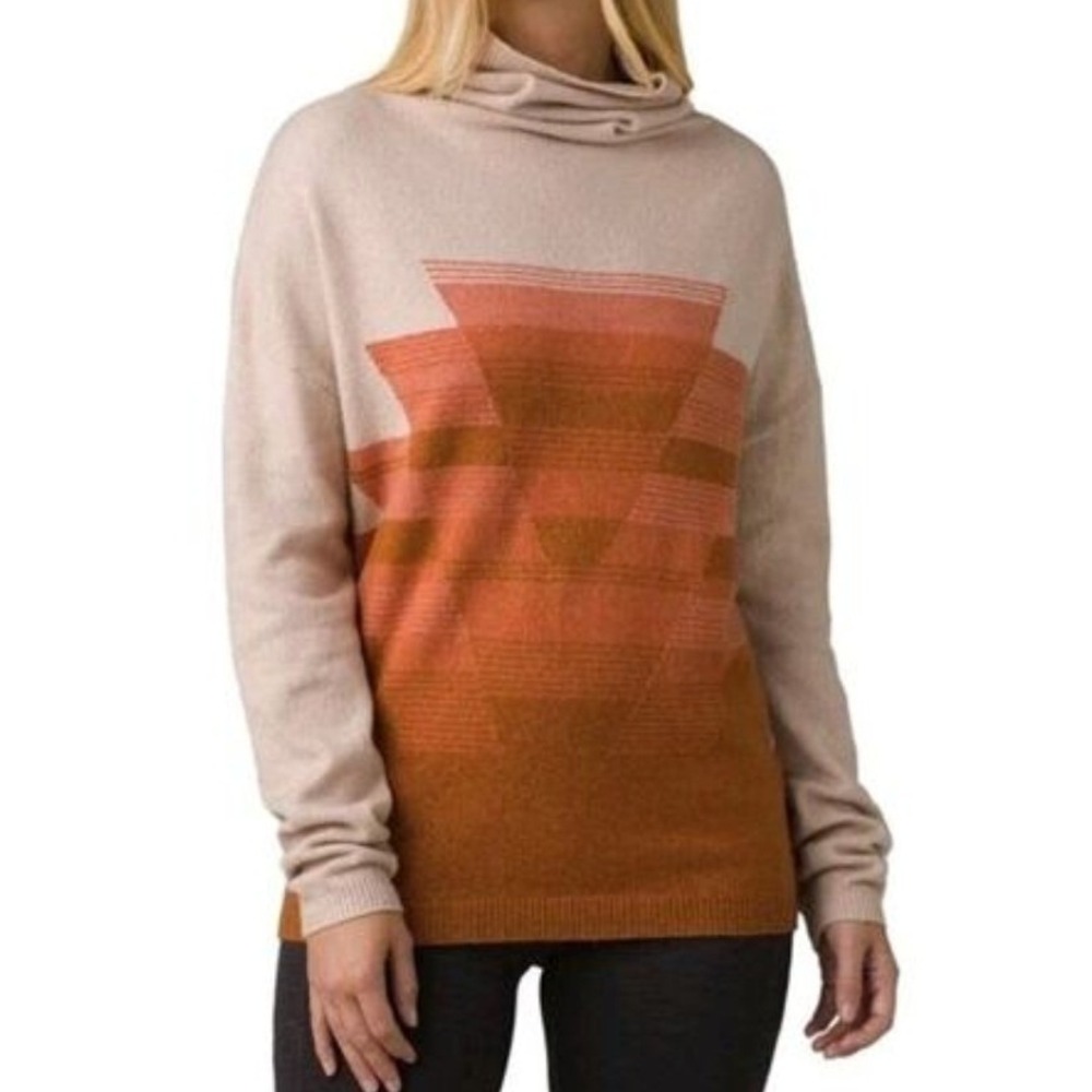 PrAna Frosted Pine Cowl Neck Pullover Aztec Print Sweater Organic Cotton Sz M